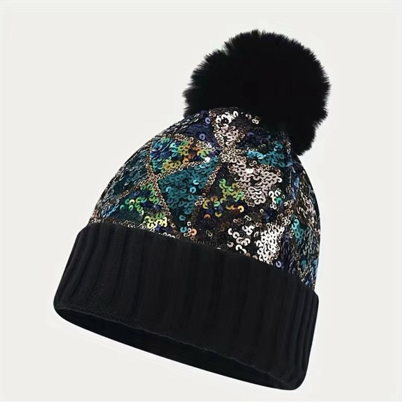 Accessories - NWT Black Sequin Knit Beanie Hat With Faux Fur Ball